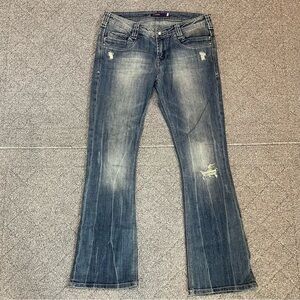 Vigoss Boot Distressed Faded Jeans Womens 7 Blue Western Studded Embroidered